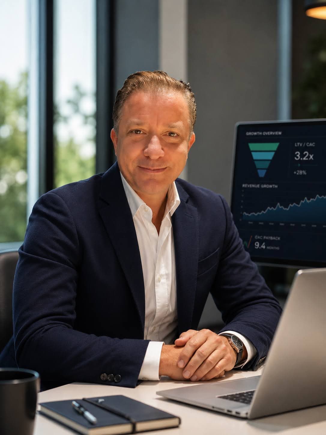 Alexander J. Medina, Fractional Chief Growth Officer, trabajando en su laptop junto a un tablero de crecimiento